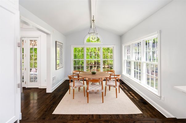 Dining room, Interior, Pendant Lights, Wood Texture Flooring