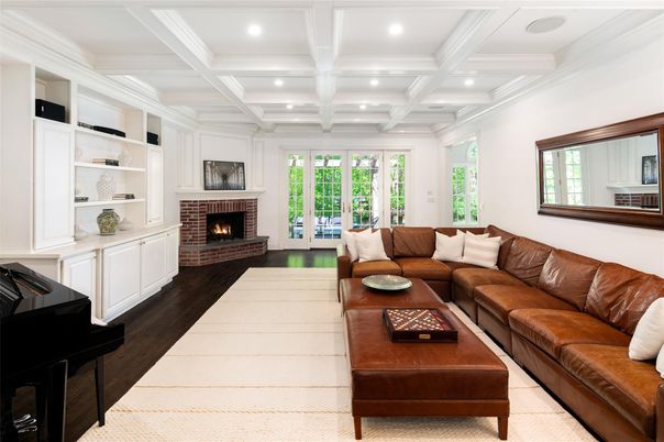 Fireplace, Interior, Living room, Piano, Recessed Lighting, Wood Texture Flooring