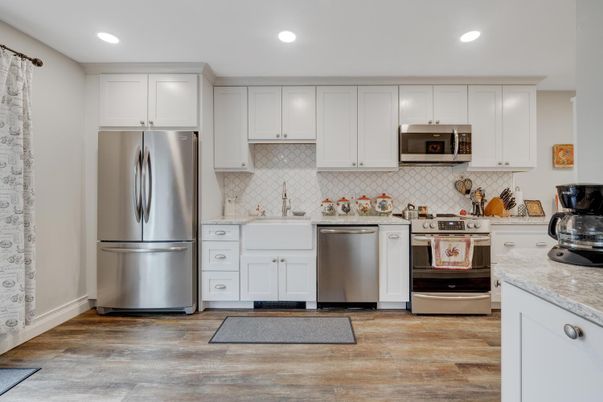 Interior, Kitchen, Recessed Lighting, Stainless Steel Appliances, Wood Texture Flooring