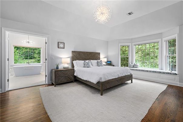 Bedroom, Chandelier, Interior, Pendant Lights, Wood Texture Flooring