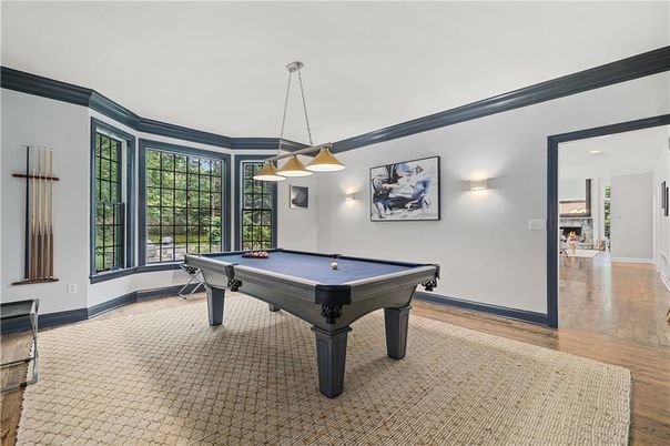 Billiard Table, Fireplace, Game Room, Interior, Pendant Lights, Wood Texture Flooring