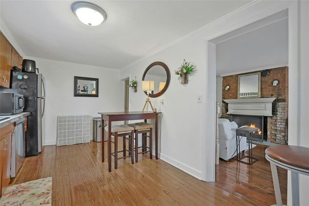 Dining room, Fireplace, Interior, Kitchen, Stone Walls, Wood Texture Flooring