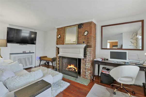 Fireplace, Home Office, Interior, Stone Walls, Wood Texture Flooring