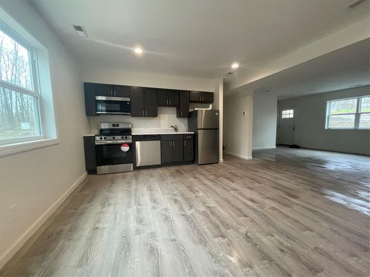 Interior, Kitchen, Recessed Lighting, Stainless Steel Appliances, Wood Texture Flooring