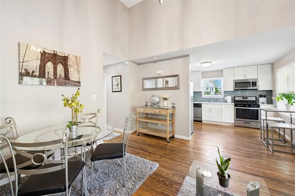 Dining room, Interior, Kitchen, Stainless Steel Appliances, Wood Texture Flooring
