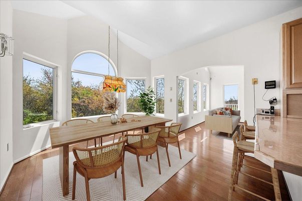 Dining room, Interior, Living room, Pendant Lights, Wood Texture Flooring