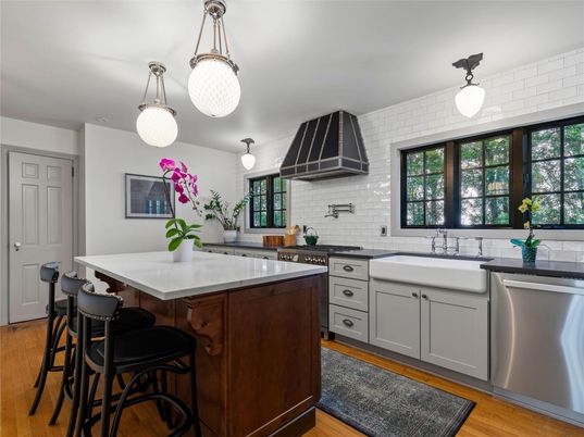 Interior, Kitchen, Pendant Lights, Stainless Steel Appliances, Wood Texture Flooring