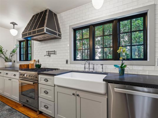 Interior, Kitchen, Stainless Steel Appliances, Stone Walls, Wood Texture Flooring