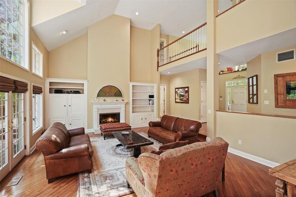 Fireplace, Interior, Living room, Recessed Lighting, Wood Texture Flooring