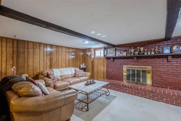 Fireplace, Interior, Living room, Recessed Lighting, Stone Walls, Wooden Walls