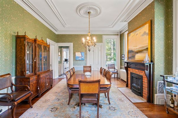 Chandelier, Dining room, Fireplace, Interior, Wood Texture Flooring
