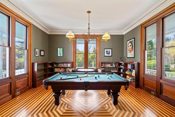 Billiard Table, Game Room, Interior, Pendant Lights, Wood Texture Flooring