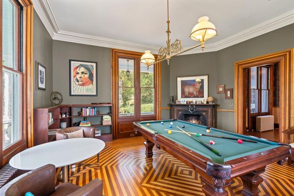 Billiard Table, Chandelier, Fireplace, Game Room, Interior, Wood Texture Flooring