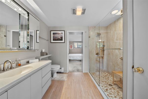 Bathroom, Glass Shower, Interior, Wood Texture Flooring