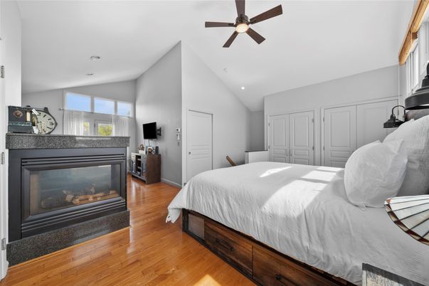 Bedroom, Fireplace, Interior, Recessed Lighting, Wood Texture Flooring