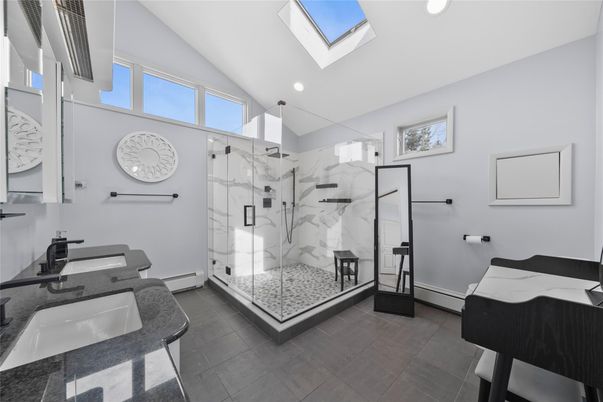 Bathroom, Glass Shower, Interior, Marble Walls, Recessed Lighting