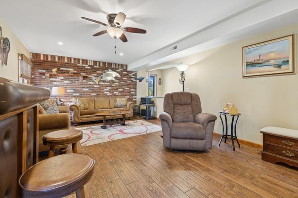 Interior, Living room, Recessed Lighting, Stone Walls, Wood Texture Flooring