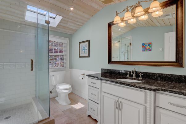 Bathroom, Glass Shower, Interior, Recessed Lighting, Wooden Ceilings