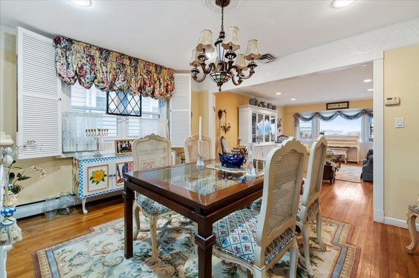 Chandelier, Dining room, Fireplace, Interior, Recessed Lighting, Wood Texture Flooring