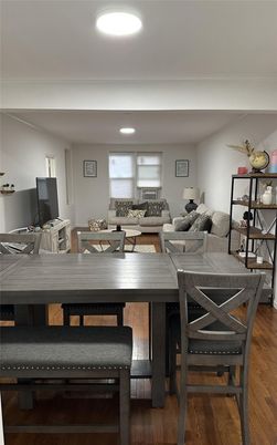 Dining room, Interior, Living room, Recessed Lighting, Wood Texture Flooring