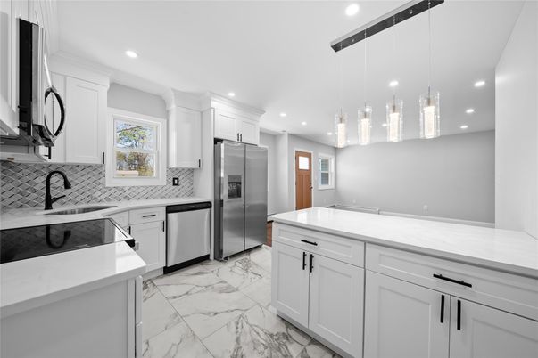 Interior, Kitchen, Marble, Pendant Lights, Recessed Lighting, Stainless Steel Appliances