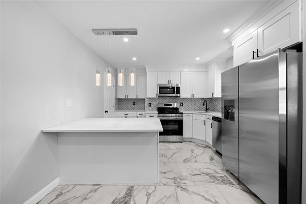 Interior, Kitchen, Marble, Pendant Lights, Recessed Lighting, Stainless Steel Appliances