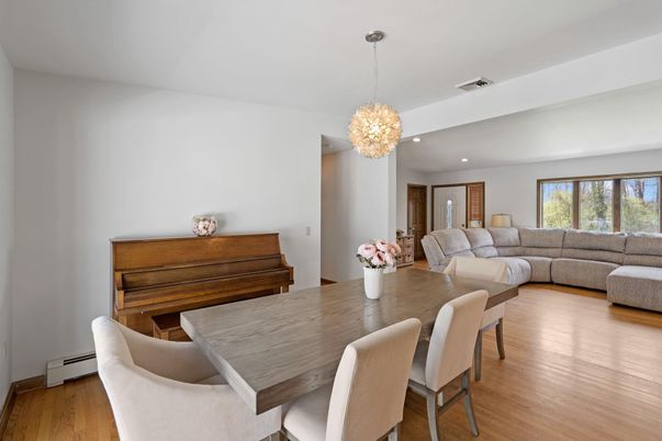 Dining room, Interior, Living room, Pendant Lights, Piano, Recessed Lighting, Wood Texture Flooring