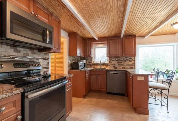 Interior, Kitchen, Stainless Steel Appliances, Wooden Ceilings, Wood Texture Flooring