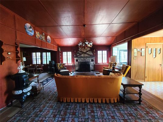 Chandelier, Fireplace, Interior, Living room, Wooden Ceilings, Wooden Walls