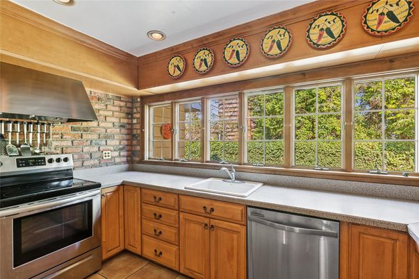 Interior, Kitchen, Recessed Lighting, Stainless Steel Appliances, Stone Walls