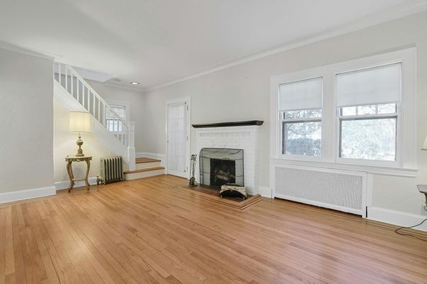 Empty room, Fireplace, Interior, Recessed Lighting, Wood Texture Flooring