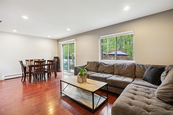 Dining room, Interior, Living room, Recessed Lighting, Wood Texture Flooring