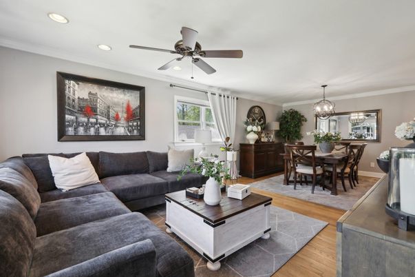 Dining room, Interior, Living room, Recessed Lighting, Wood Texture Flooring