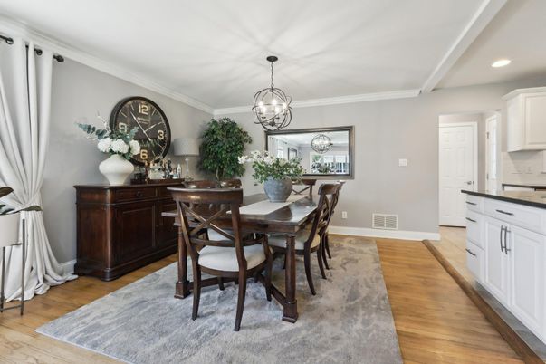 Dining room, Interior, Pendant Lights, Recessed Lighting, Wood Texture Flooring