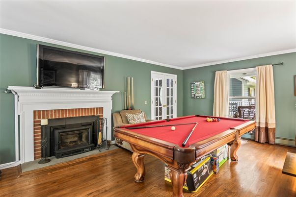 Billiard Table, Fireplace, Game Room, Interior, Wood Texture Flooring