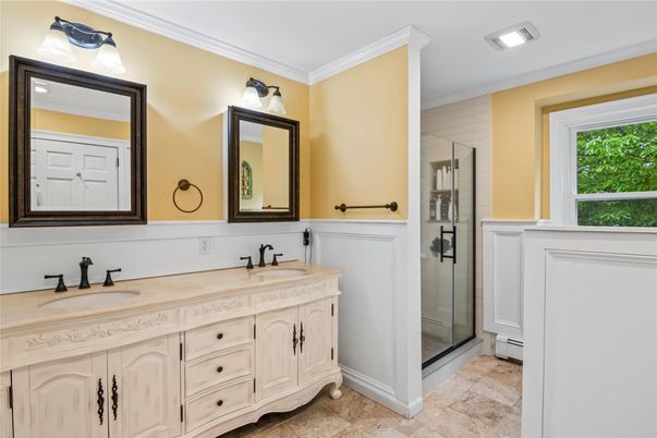Bathroom, Dual Sink Vanities, Glass Shower, Interior, Recessed Lighting