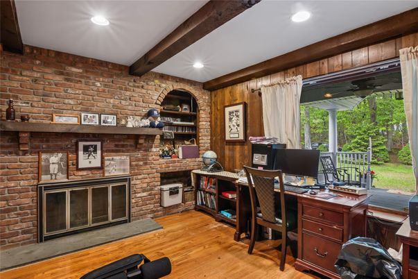 Fireplace, Home Office, Interior, Recessed Lighting, Stone Walls, Wooden Beams, Wood Texture Flooring