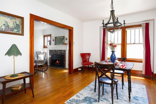 Dining room, Fireplace, Interior, Wood Texture Flooring