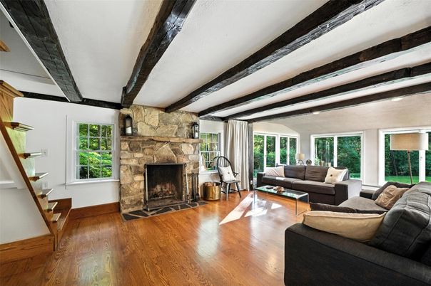 Fireplace, Interior, Living room, Stone Walls, Wooden Beams, Wood Texture Flooring
