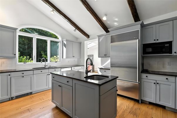 Interior, Kitchen, Stainless Steel Appliances, Wooden Beams, Wood Texture Flooring