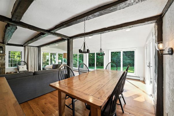Dining room, Interior, Living room, Pendant Lights, Recessed Lighting, Wooden Beams, Wood Texture Flooring