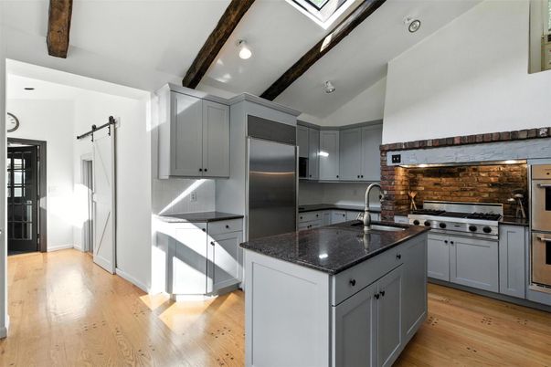Interior, Kitchen, Recessed Lighting, Stainless Steel Appliances, Wooden Beams, Wood Texture Flooring