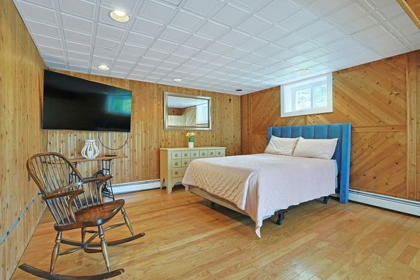 Bedroom, Interior, Recessed Lighting, Wood Texture Flooring, Wooden Walls