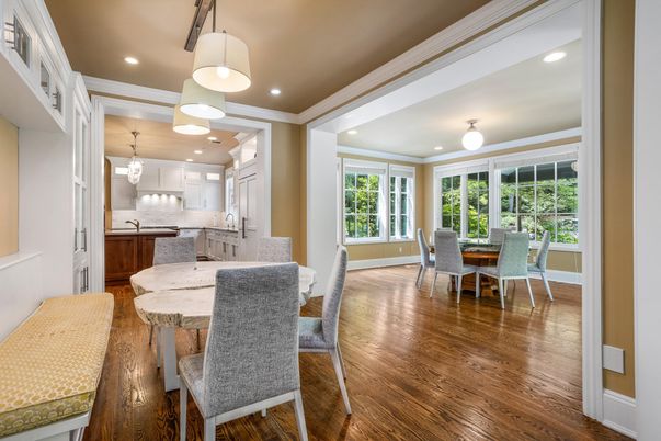 Dining room, Interior, Kitchen, Pendant Lights, Recessed Lighting, Wood Texture Flooring