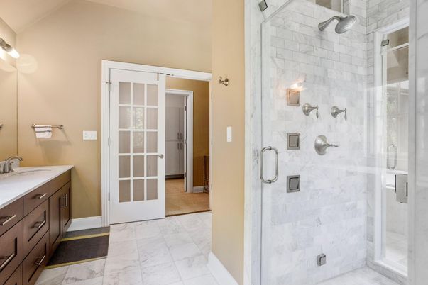 Bathroom, Dual Sink Vanities, Glass Shower, Interior, Marble, Marble Walls