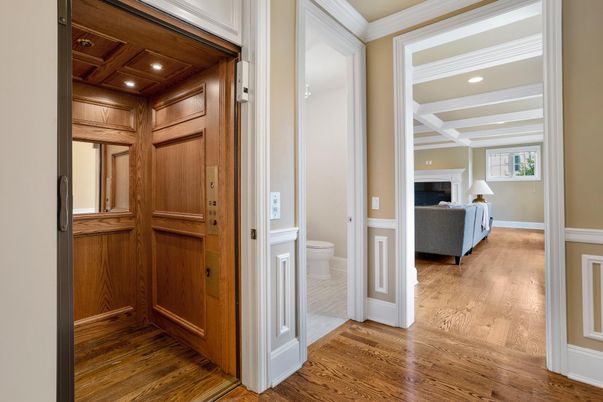 Elevator, Interior, Recessed Lighting, Wooden Ceilings, Wood Texture Flooring, Wooden Walls