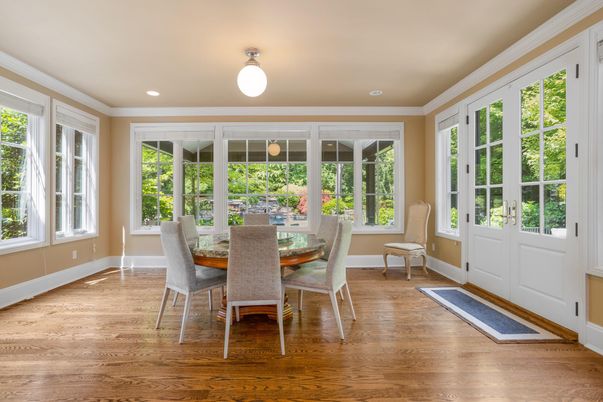 Dining room, Interior, Recessed Lighting, Wood Texture Flooring