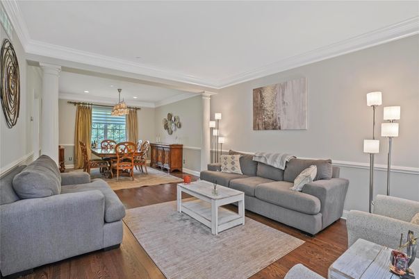Chandelier, Dining room, Interior, Living room, Recessed Lighting, Wood Texture Flooring