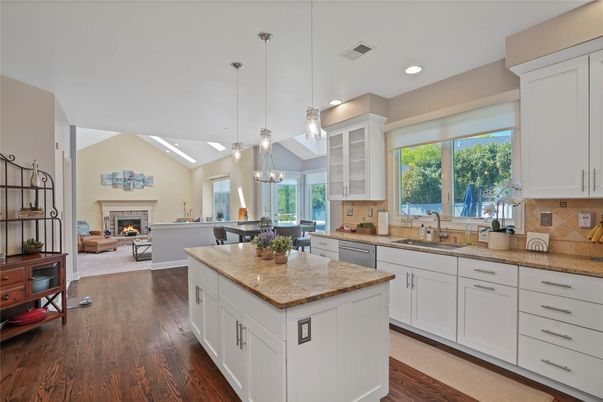 Fireplace, Interior, Kitchen, Living room, Pendant Lights, Recessed Lighting, Wood Texture Flooring