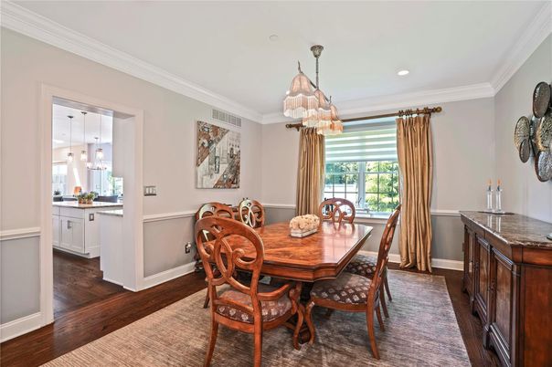 Chandelier, Dining room, Interior, Pendant Lights, Recessed Lighting, Wood Texture Flooring